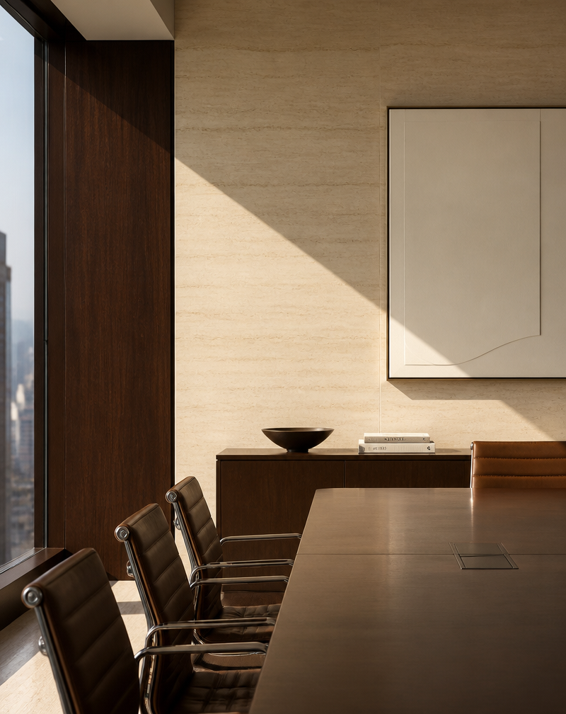 Minimalist sunlit architectural detail of a high-end boardroom