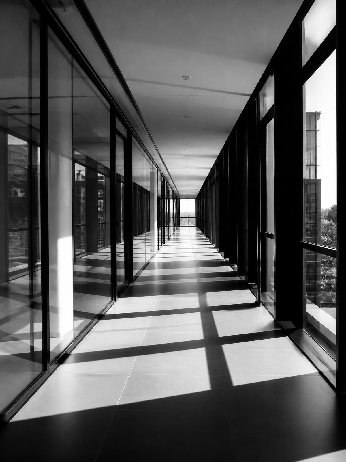Glass office corridor in strong linear perspective with geometric shadows