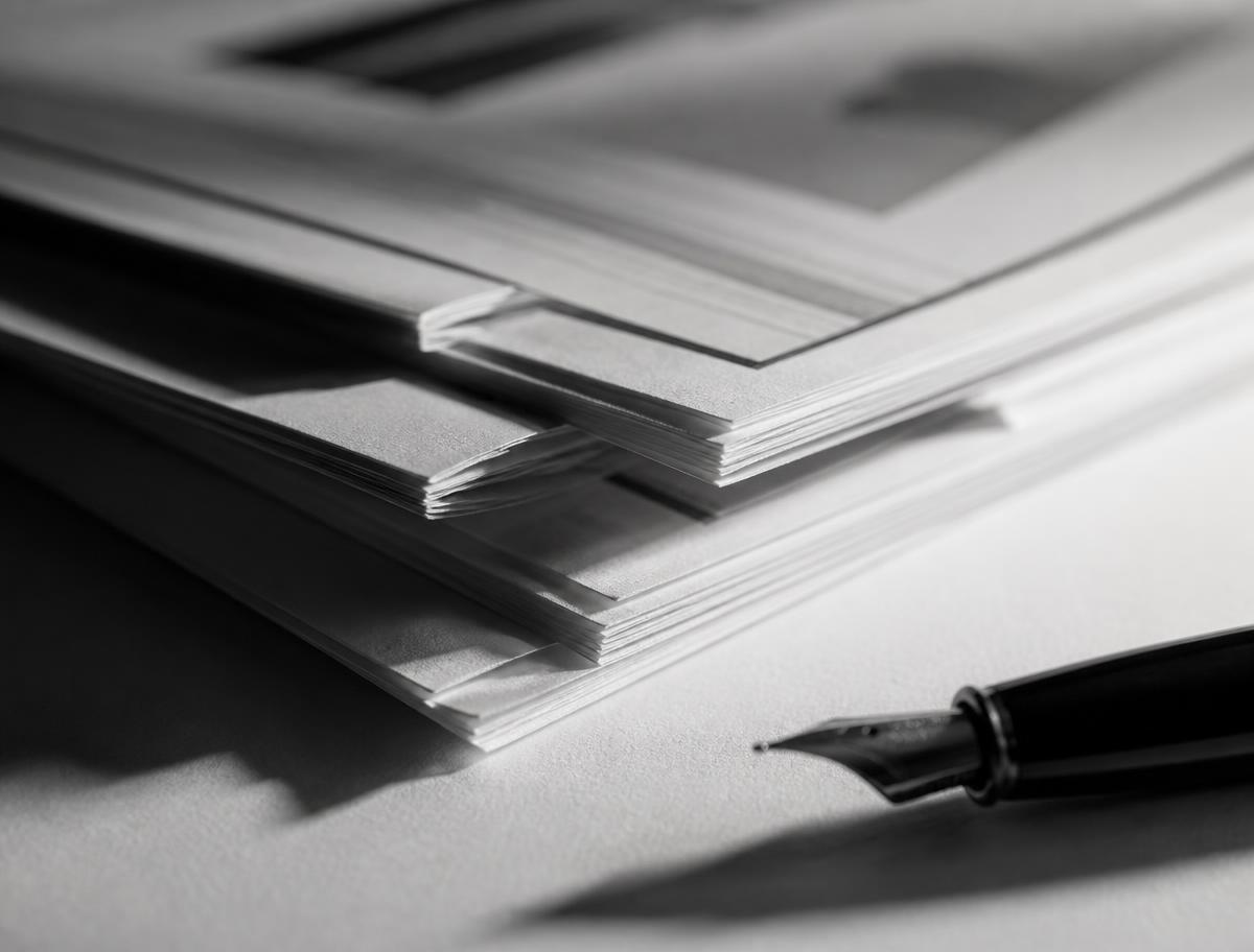 Macro detail of stacked documents and a fountain pen in raking light